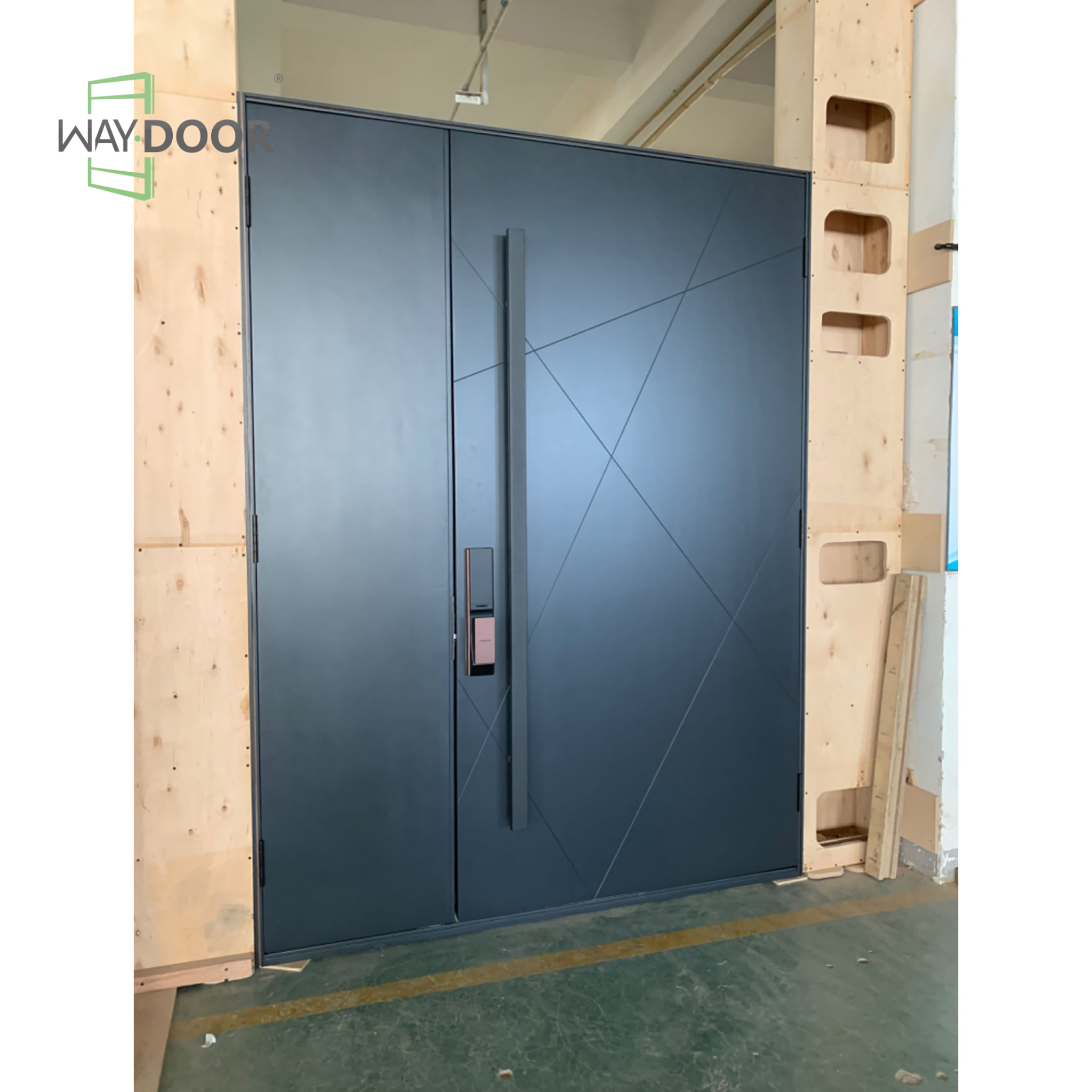 Transitional Geometric Solid Wood Hinged Entry Door With Solid Sidelite