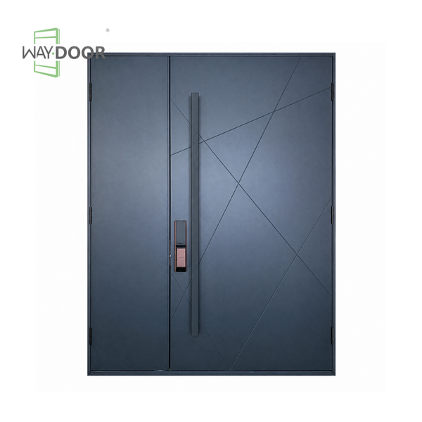 Transitional Geometric Solid Wood Hinged Entry Door With Solid Sidelite