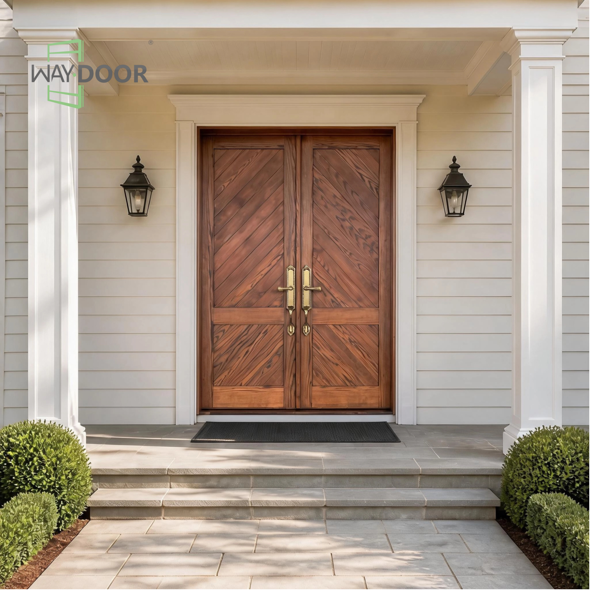 Transitional Herringbone Solid Wood Double Entry Door