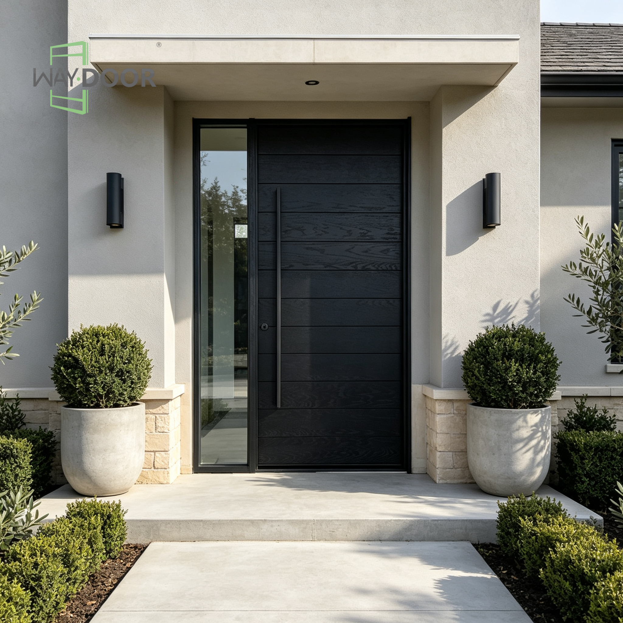 Transitional Horizontal Solid Wood Hinged Entry Door with Clear Sidelight