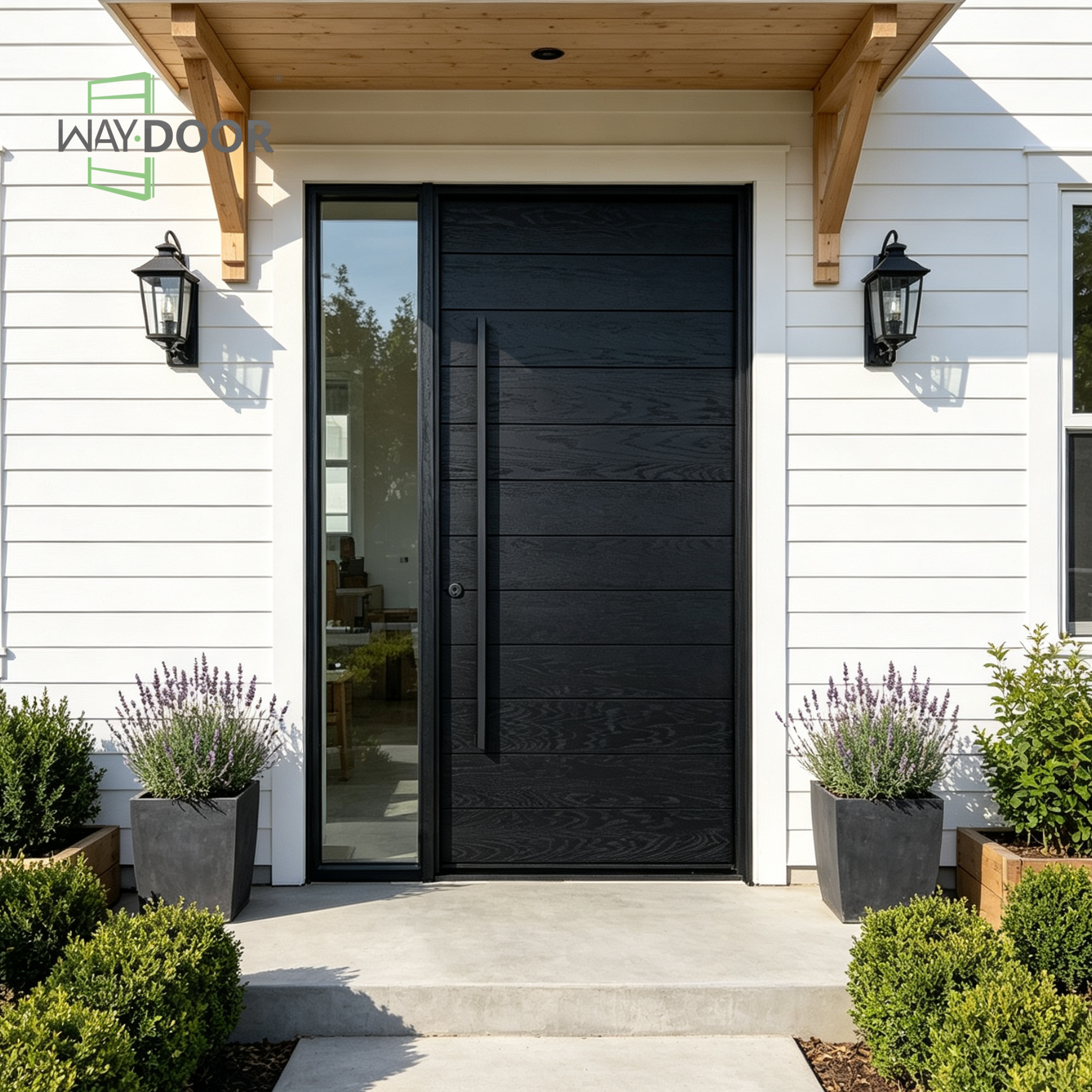 Transitional Horizontal Solid Wood Hinged Entry Door with Clear Sidelight