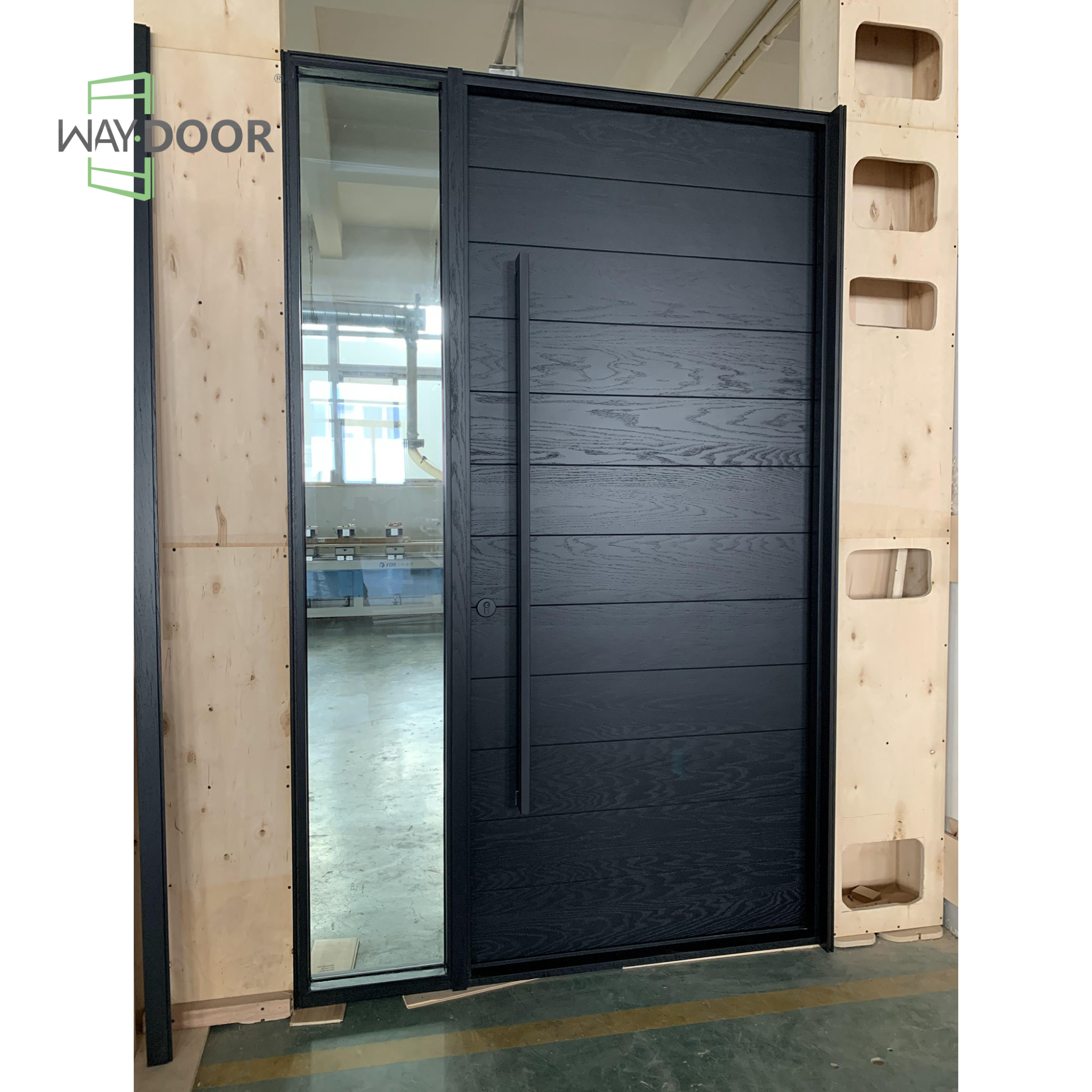 Transitional Horizontal Solid Wood Hinged Entry Door with Clear Sidelight