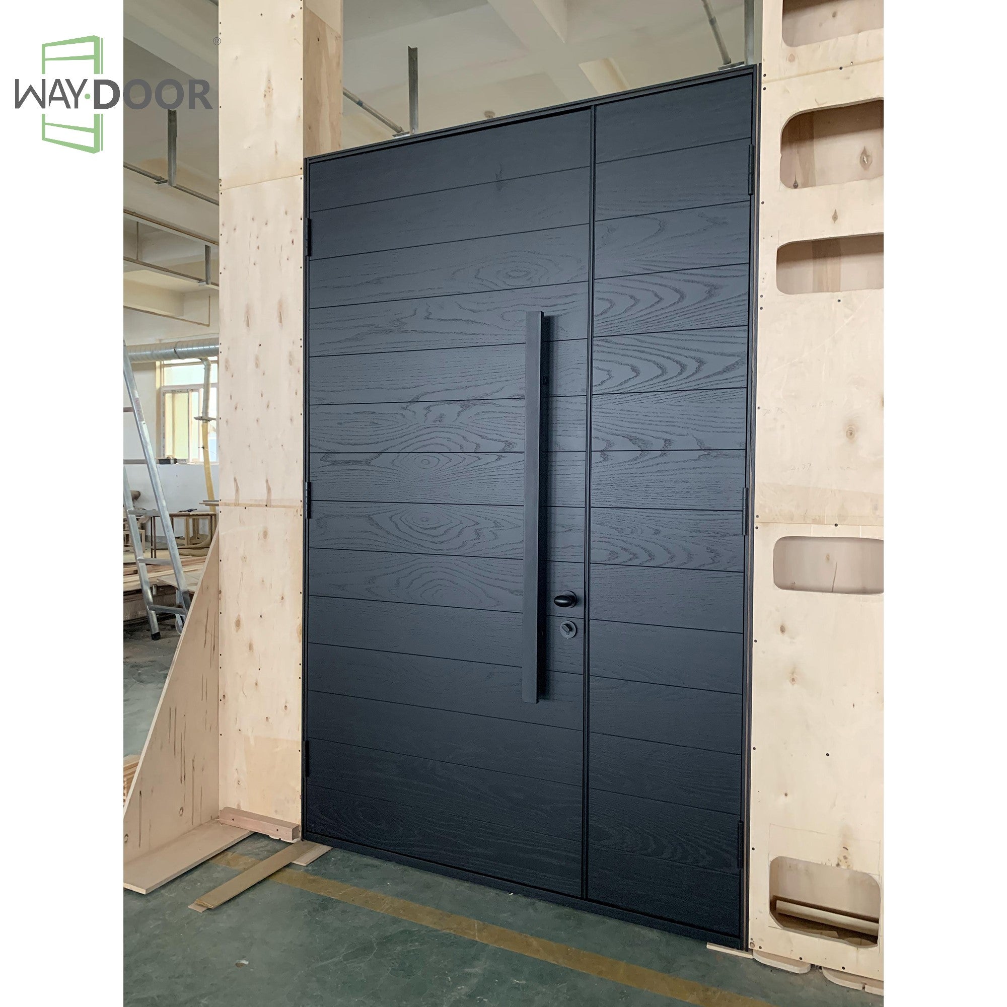 Transitional Horizontal Solid Wood Hinged Entry Door with Sidelite