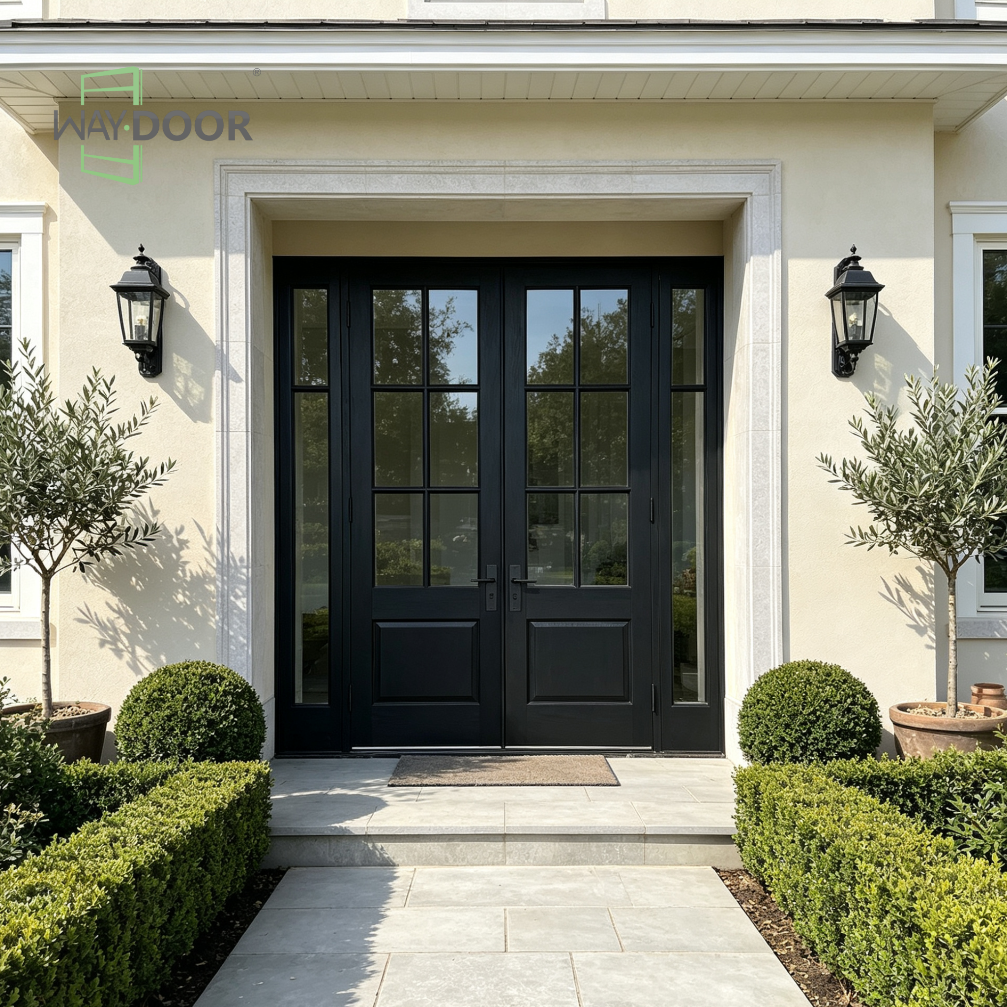 Transitional Machine-Milled Solid Wood Double Entry Door with Sidelights
