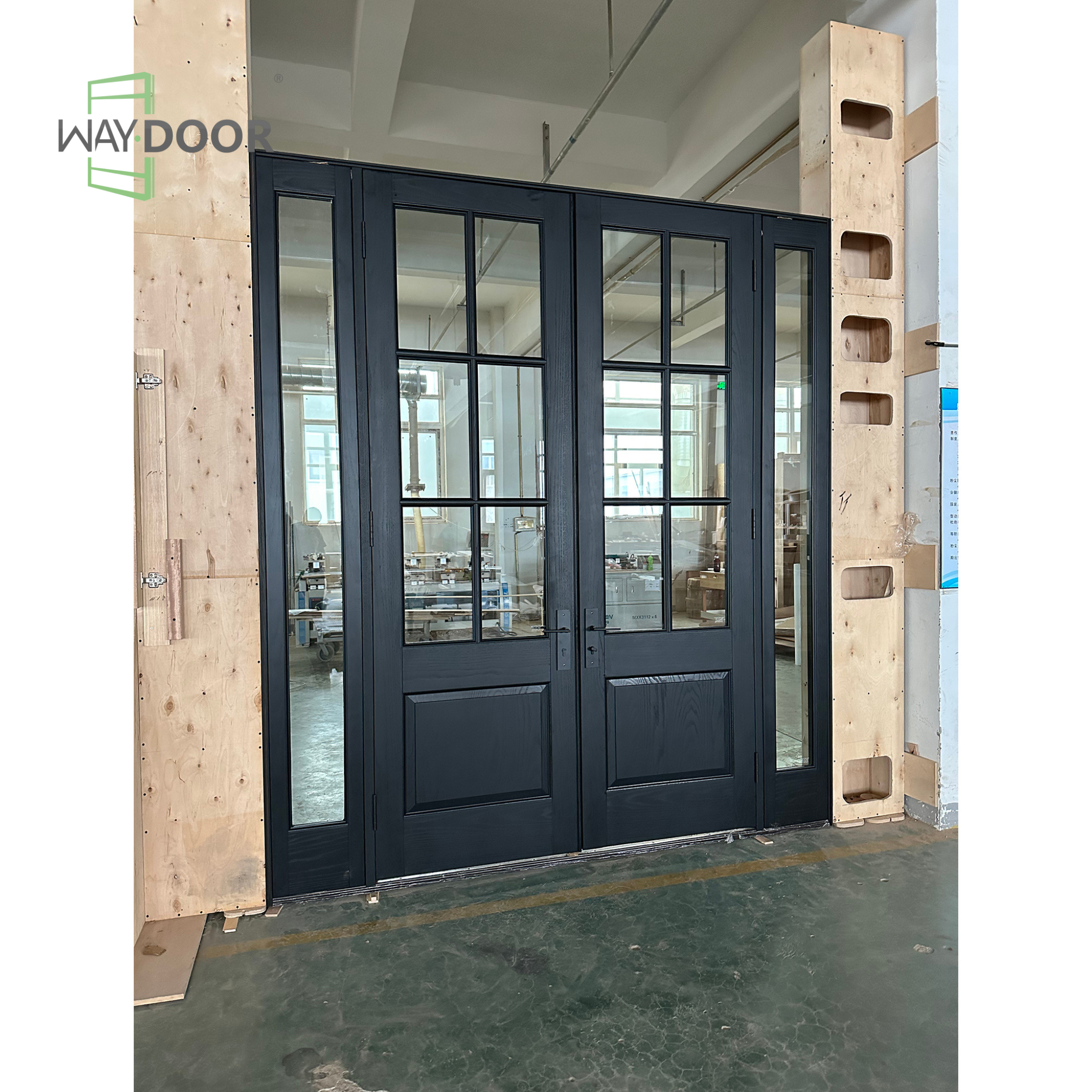 Transitional Machine-Milled Solid Wood Double Entry Door with Sidelights