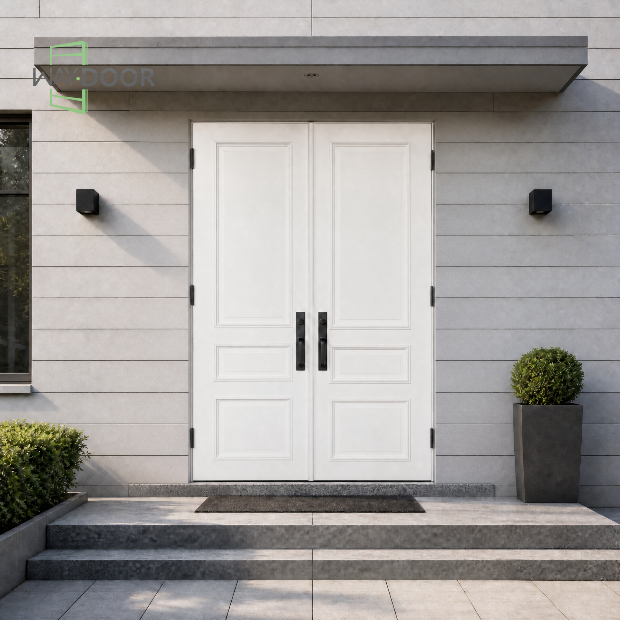 Transitional Raised Panel Double Solid Wood Exterior Door