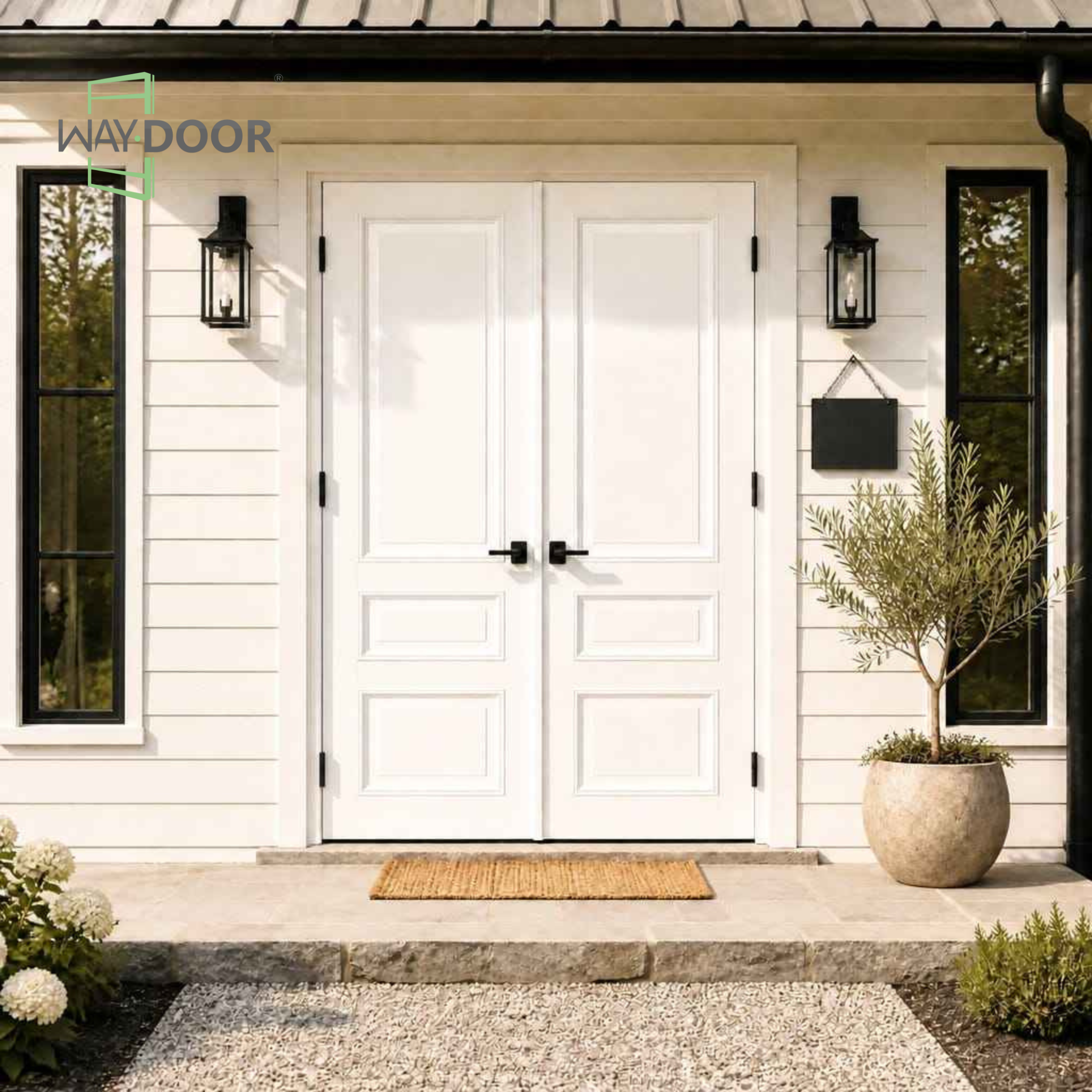 Transitional Raised Panel Double Solid Wood Exterior Door