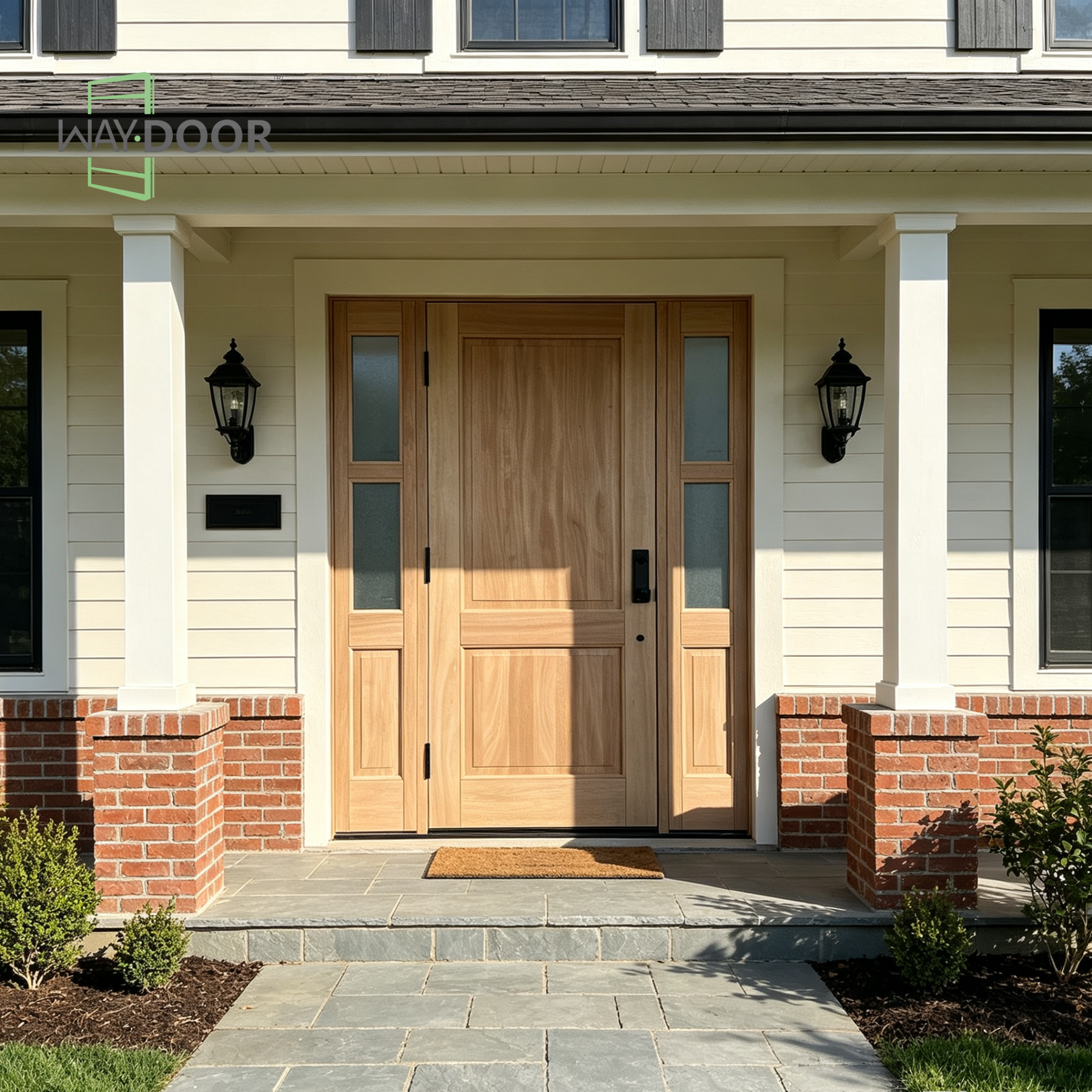 Transitional Solid Wood Hinged Entry Door with 2 Frosted Glass Sidelites