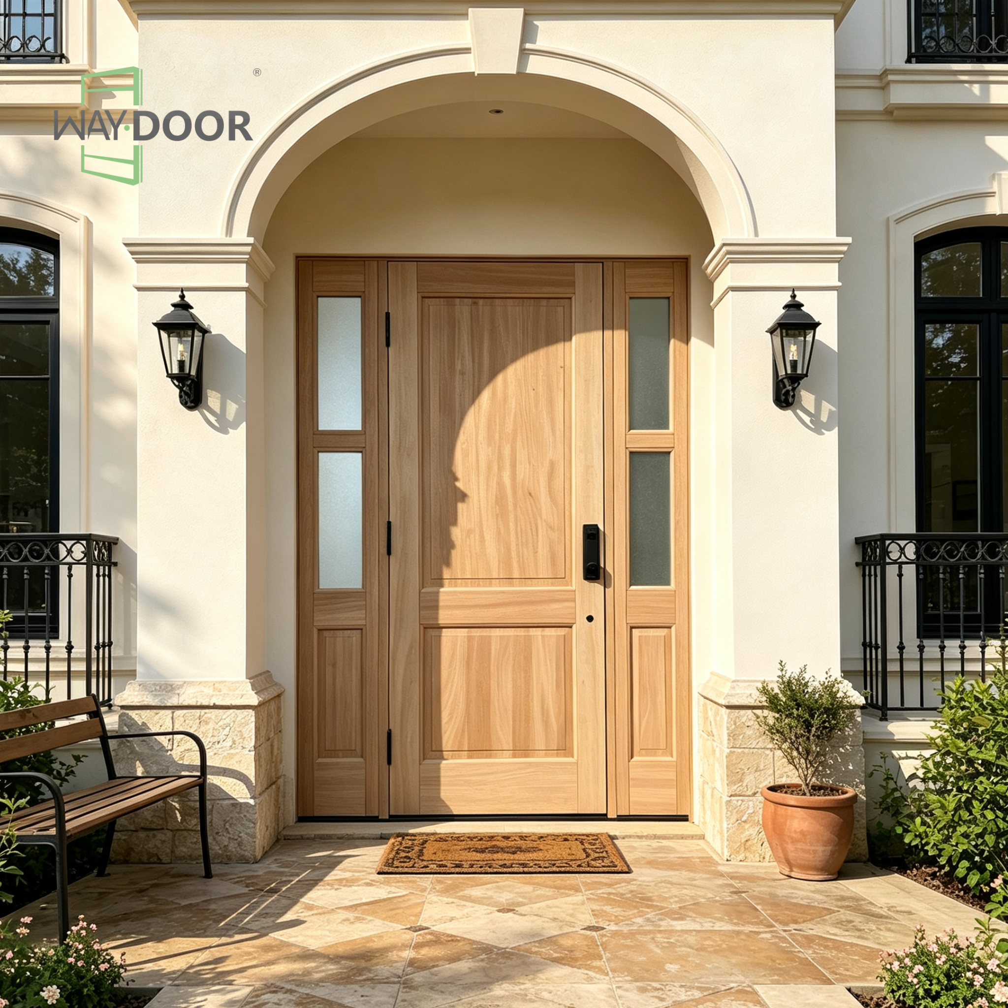 Transitional Solid Wood Hinged Entry Door with 2 Frosted Glass Sidelites