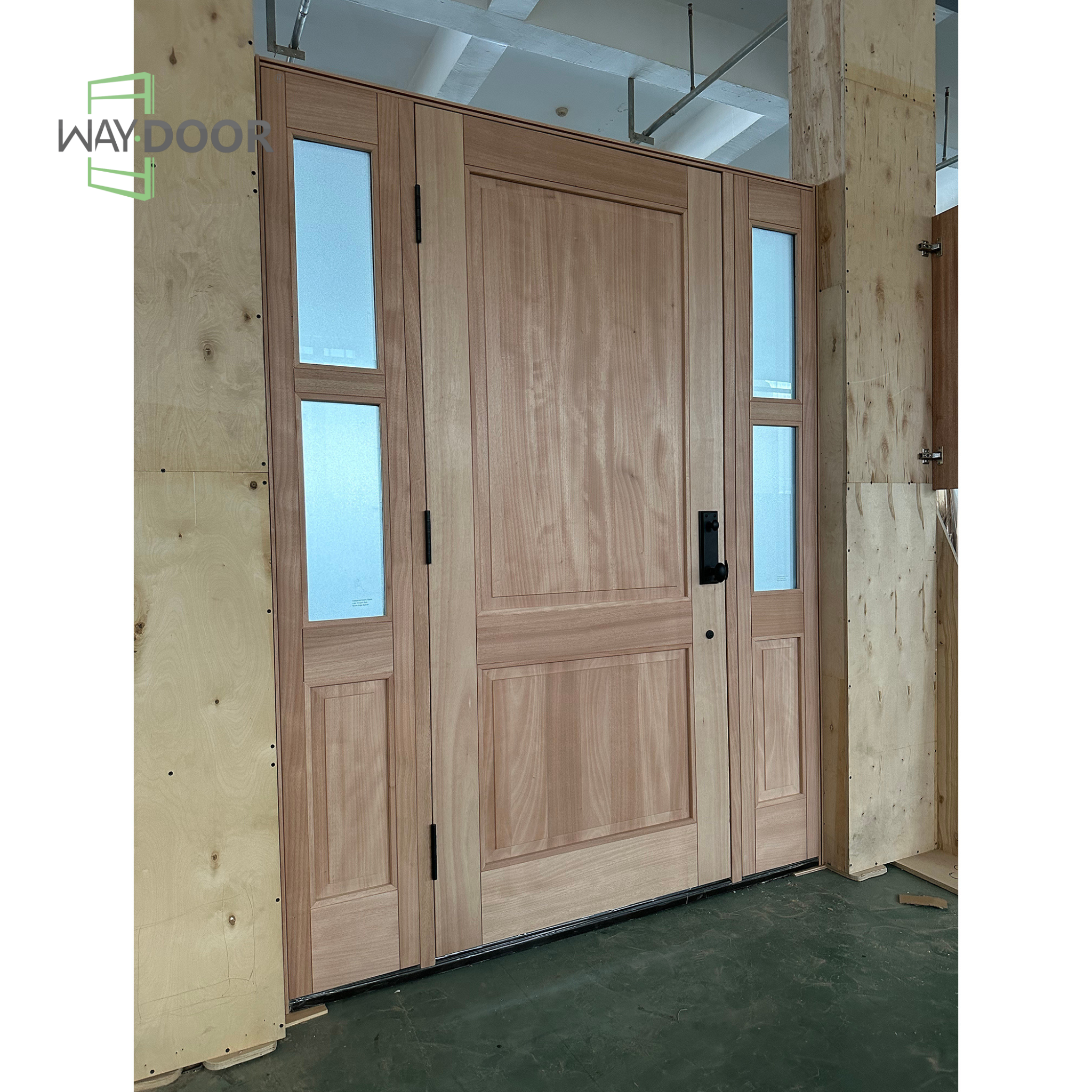 Transitional Solid Wood Hinged Entry Door with 2 Frosted Glass Sidelites