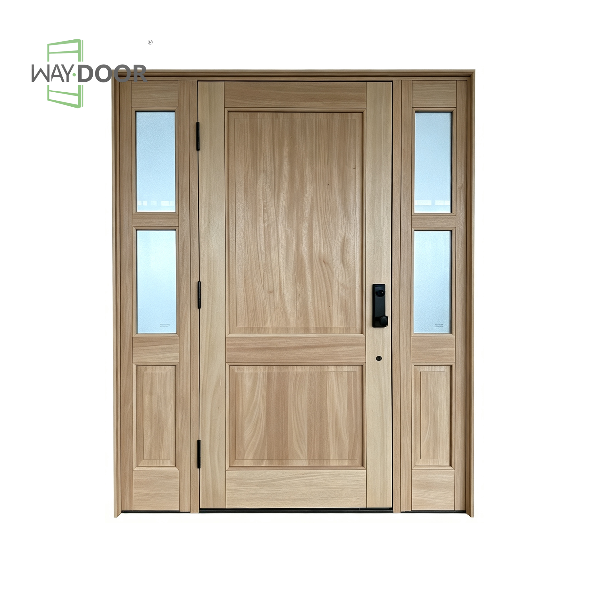 Transitional Solid Wood Hinged Entry Door with 2 Frosted Glass Sidelites