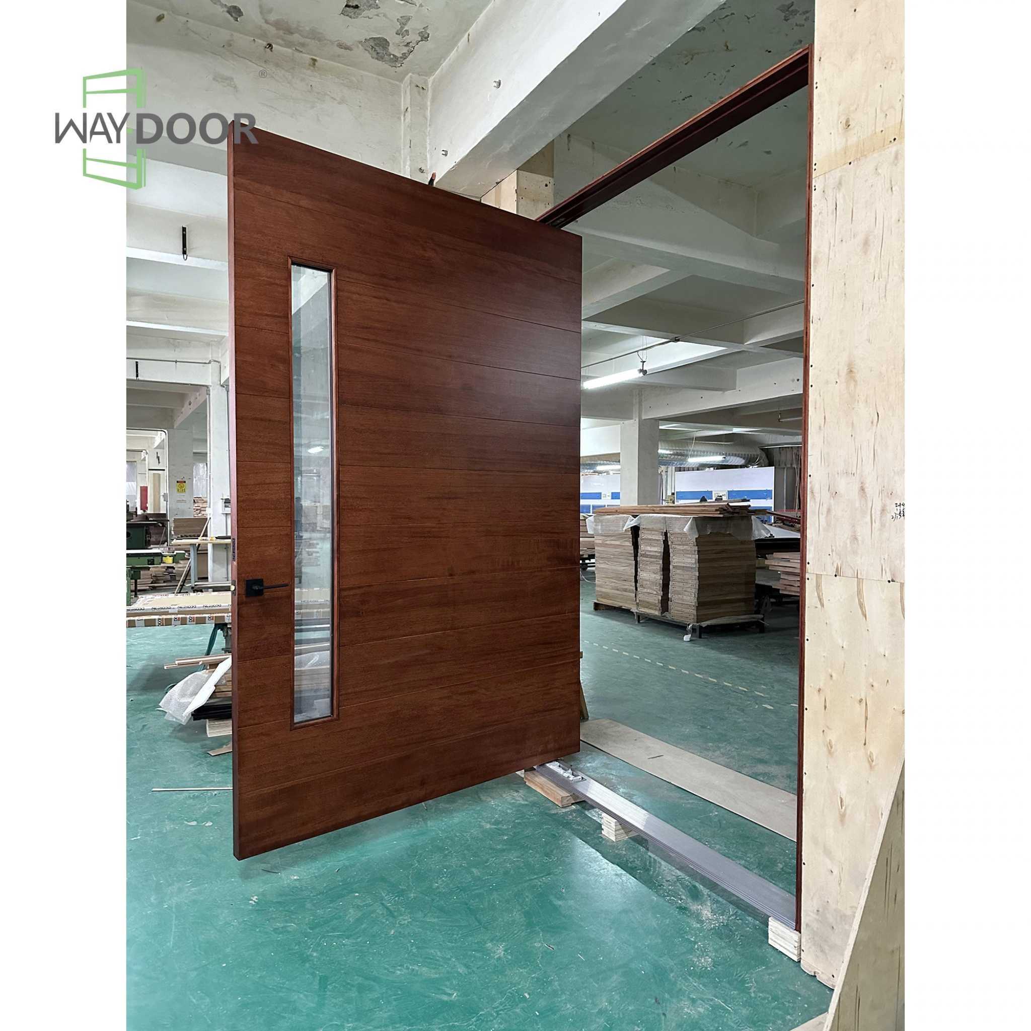 Transitional Solid Wood Pivot Entry Door with Clear Glass