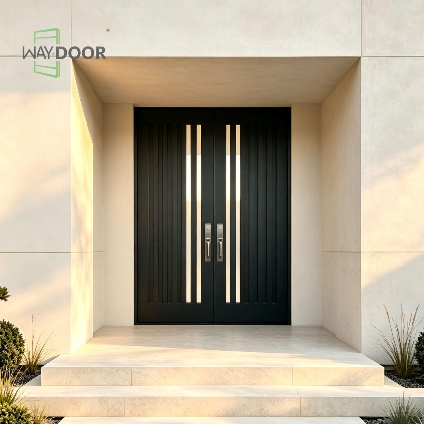 Vertical Line Solid Wood Double Front Entry Door