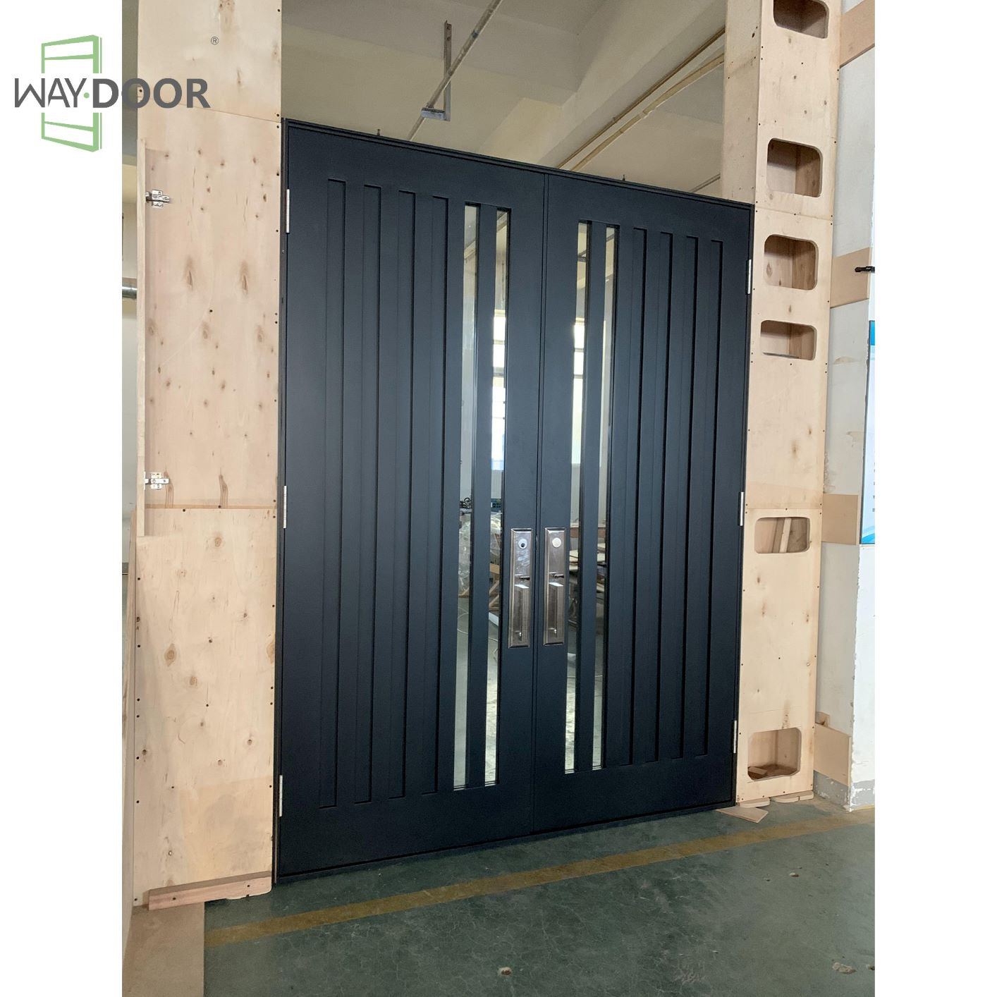 Vertical Line Solid Wood Double Front Entry Door