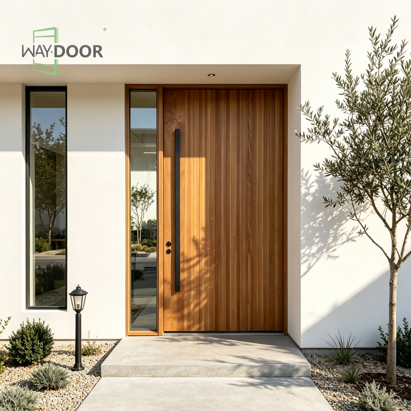 Vertical Slat Solid Wood Pivot Entry Door with Clear Sidelight