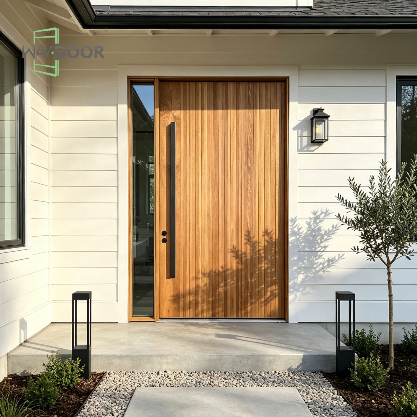 Vertical Slat Solid Wood Pivot Entry Door with Clear Sidelight