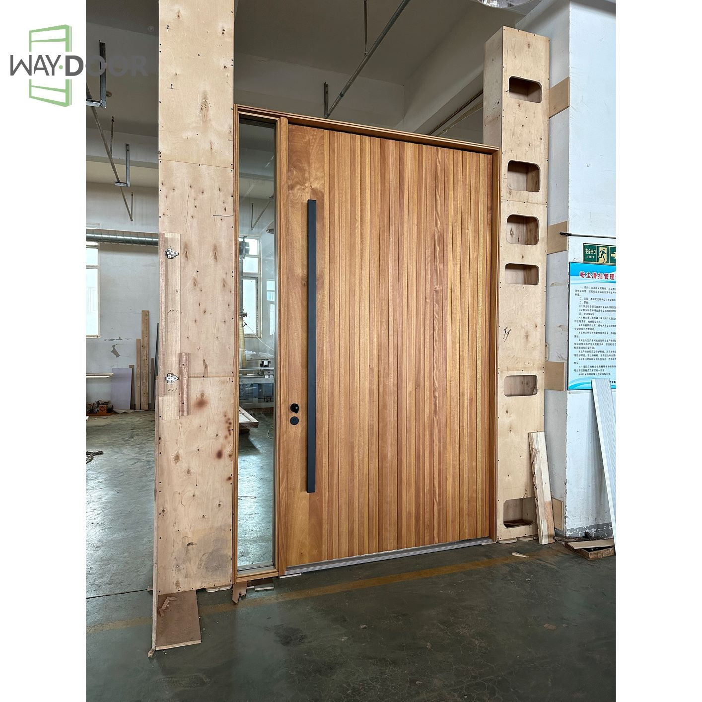 Vertical Slat Solid Wood Pivot Entry Door with Clear Sidelight