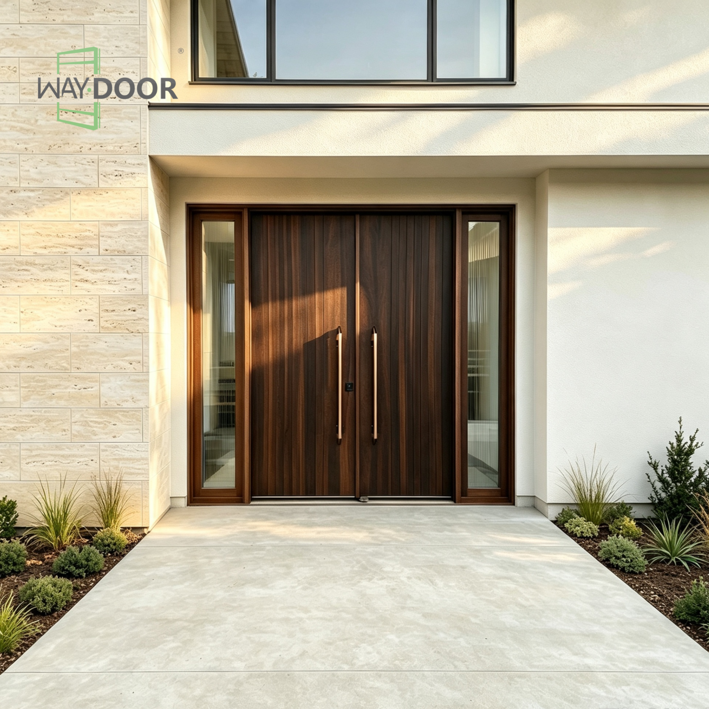 Vertical Stripe Solid Wood Entrance Door with Double Sidelights