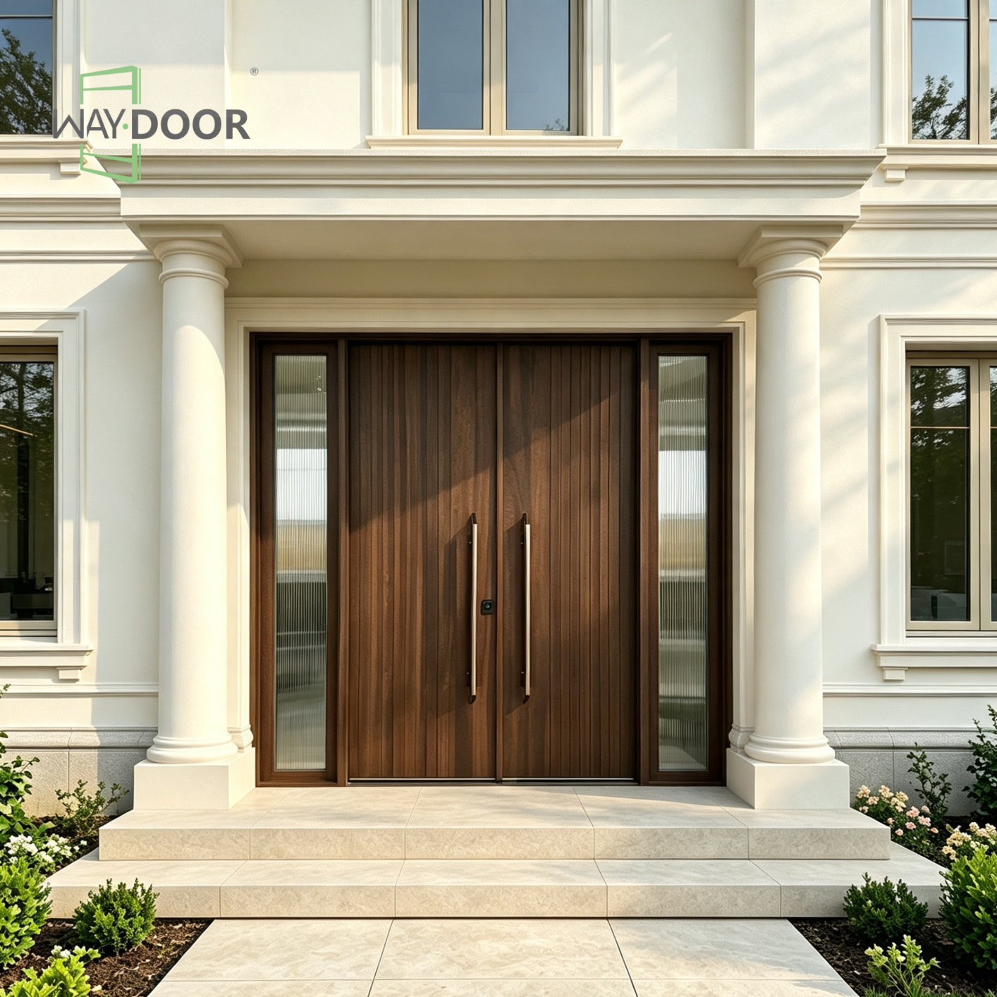 Vertical Stripe Solid Wood Entrance Door with Double Sidelights