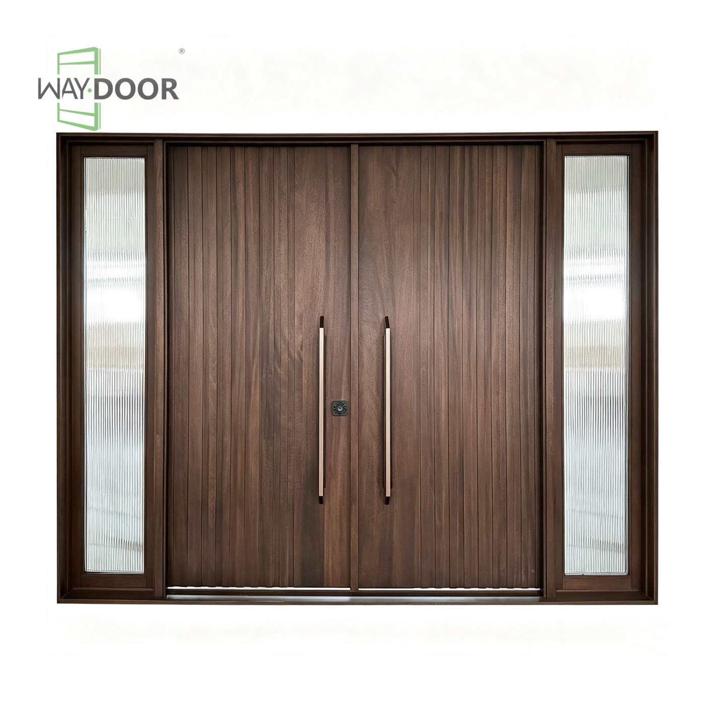 Vertical Stripe Solid Wood Entrance Door with Double Sidelights