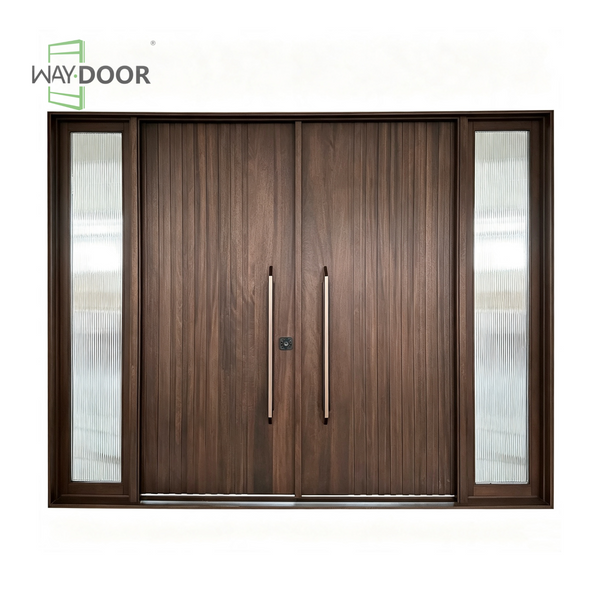 Vertical Stripe Solid Wood Entrance Door with Double Sidelights