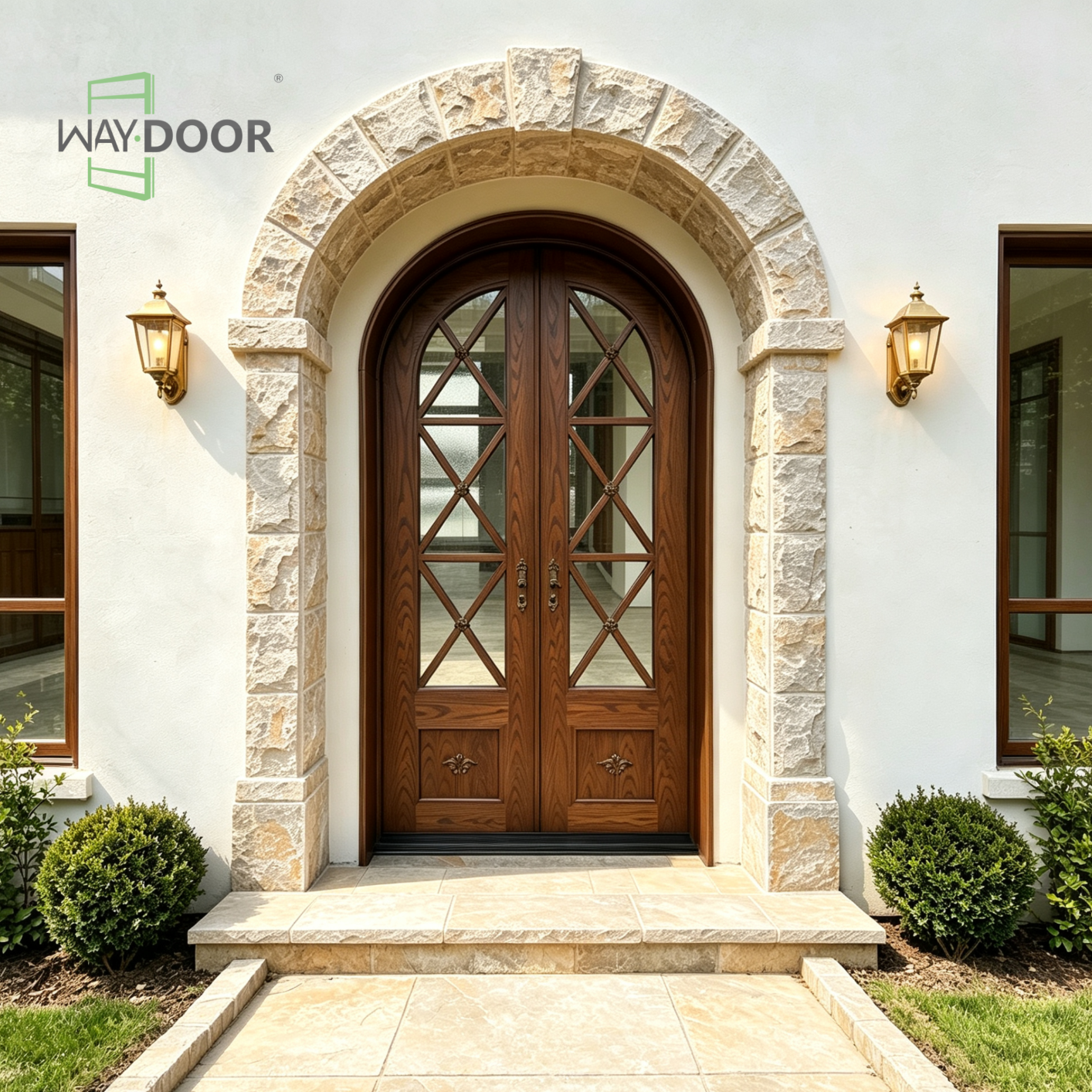 Vintage Carved Arched Glass Entry Door