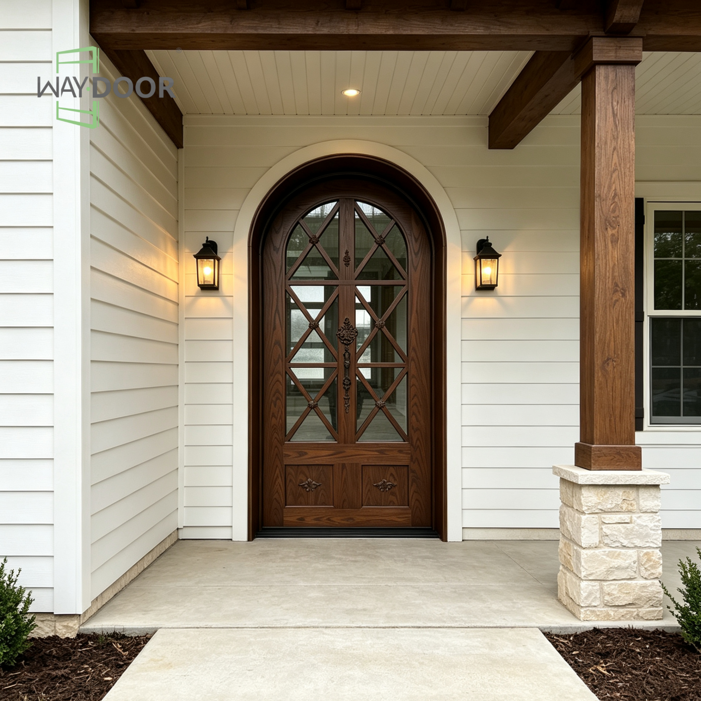Vintage Carved Arched Glass Entry Door