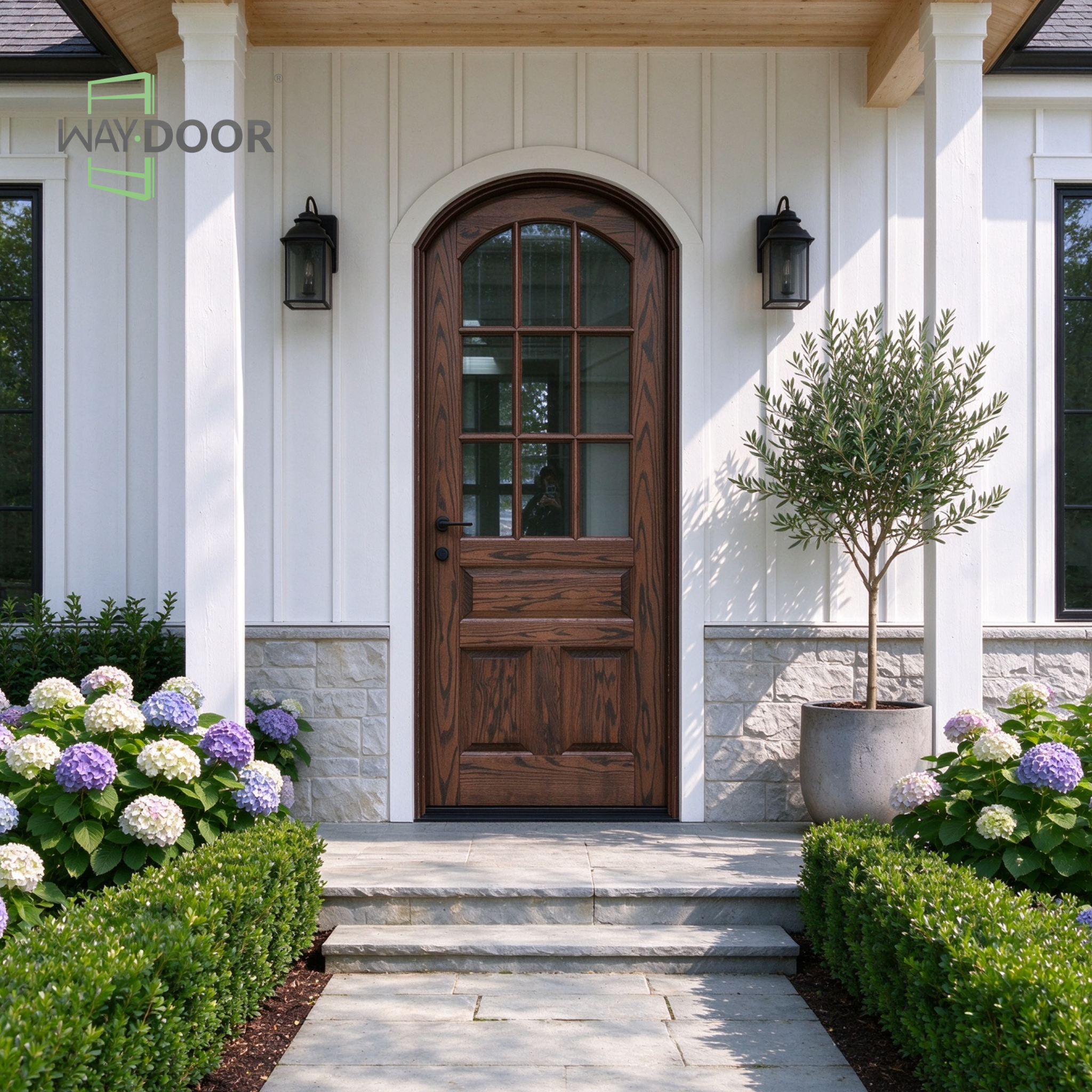 Warm Walnut Arched 9-Lite Transitional Solid Wood Entry Door
