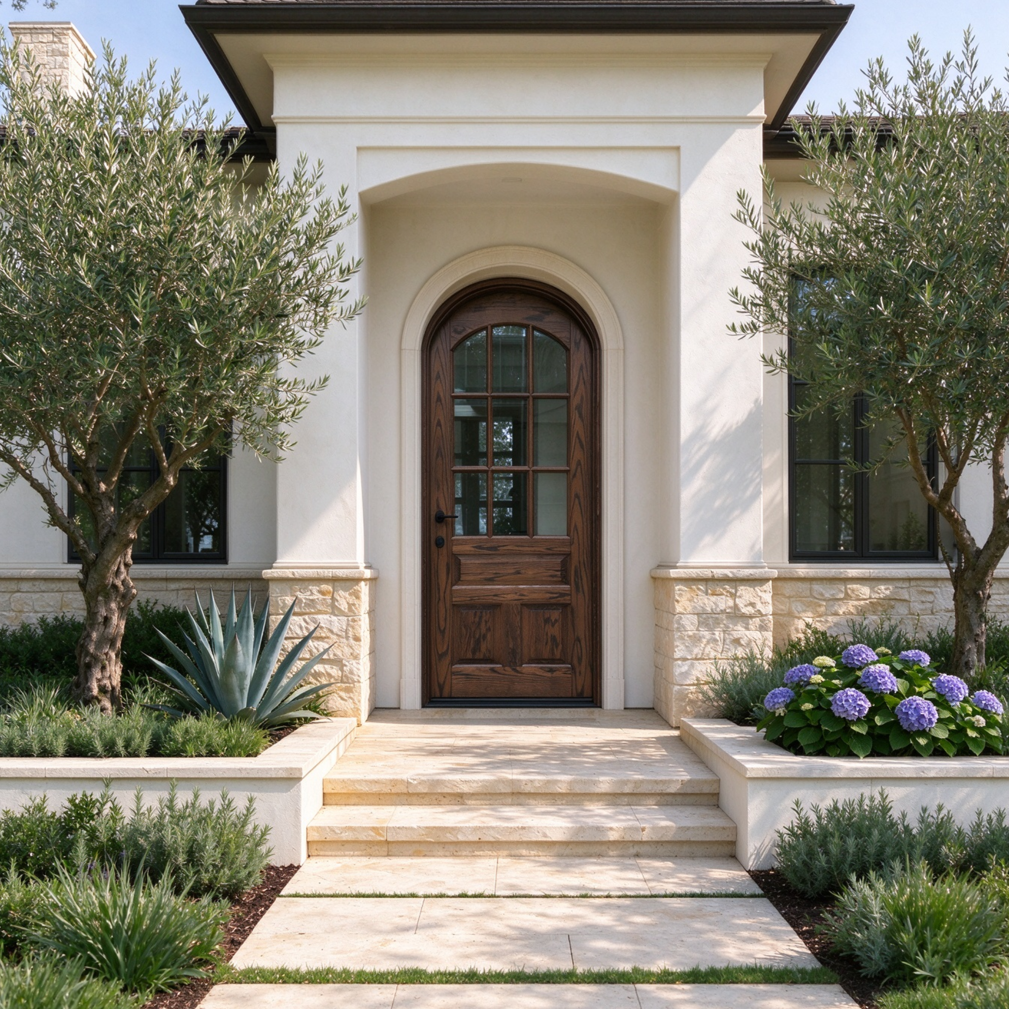 Warm Walnut Arched 9-Lite Transitional Solid Wood Entry Door
