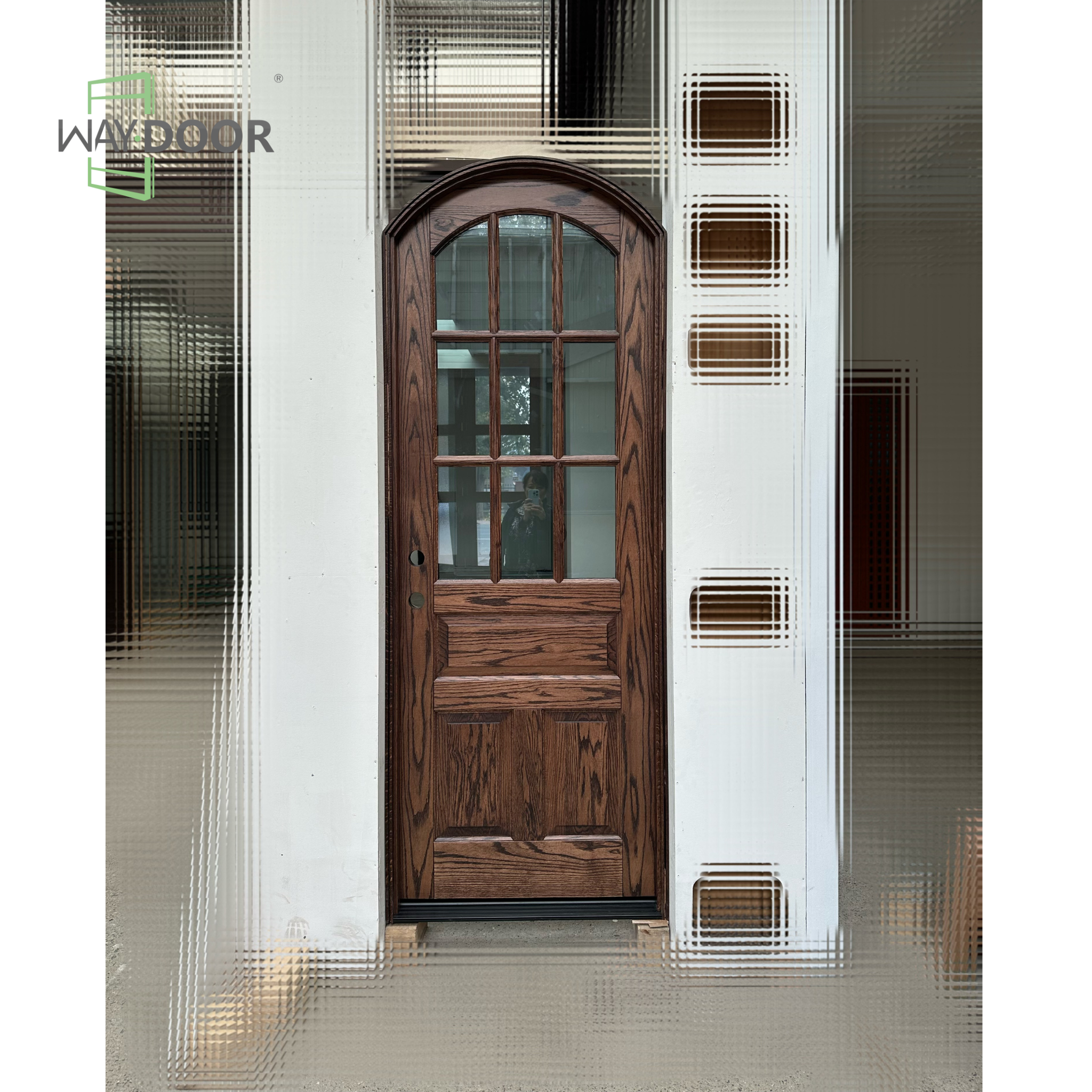 Warm Walnut Arched 9-Lite Transitional Solid Wood Entry Door