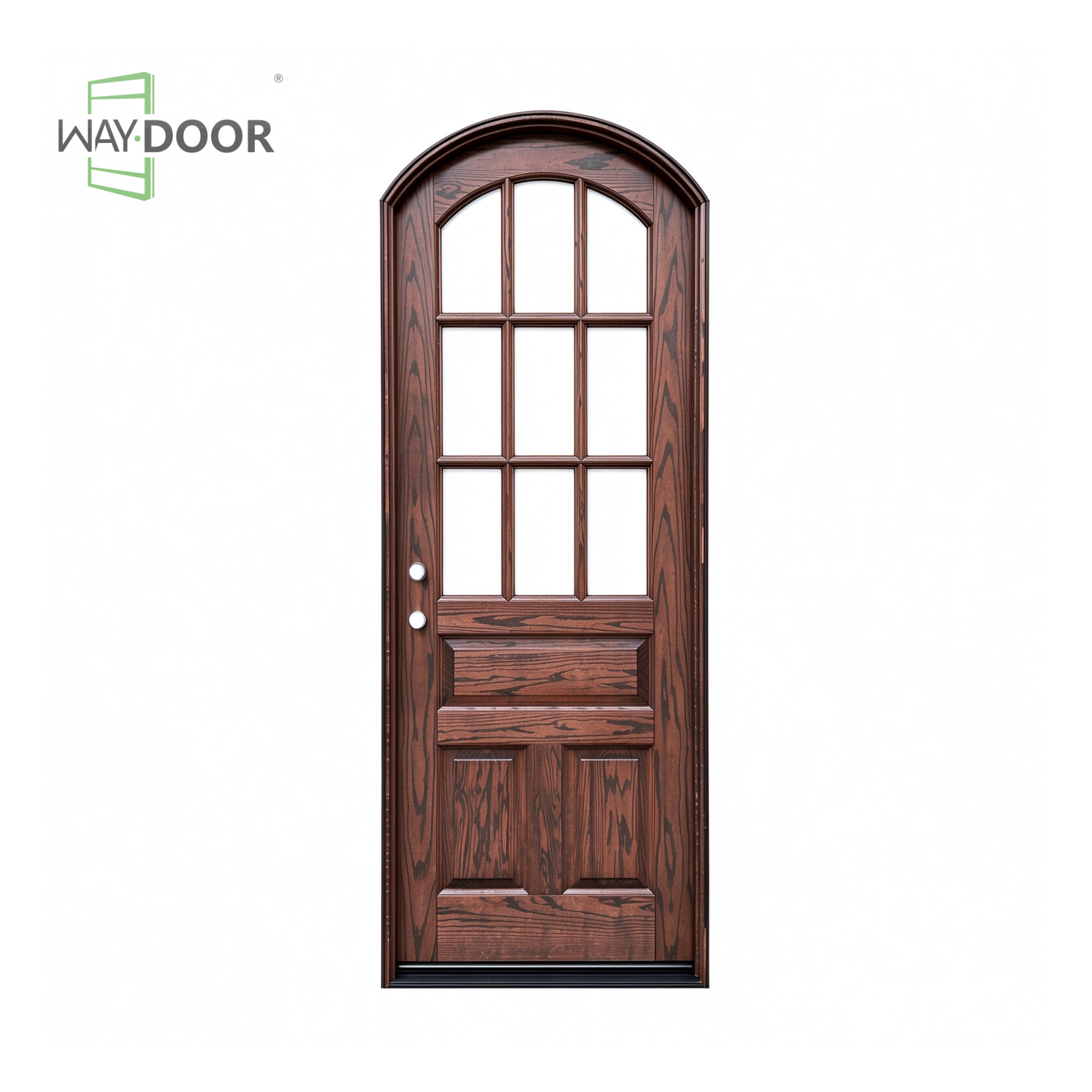 Warm Walnut Arched 9-Lite Transitional Solid Wood Entry Door