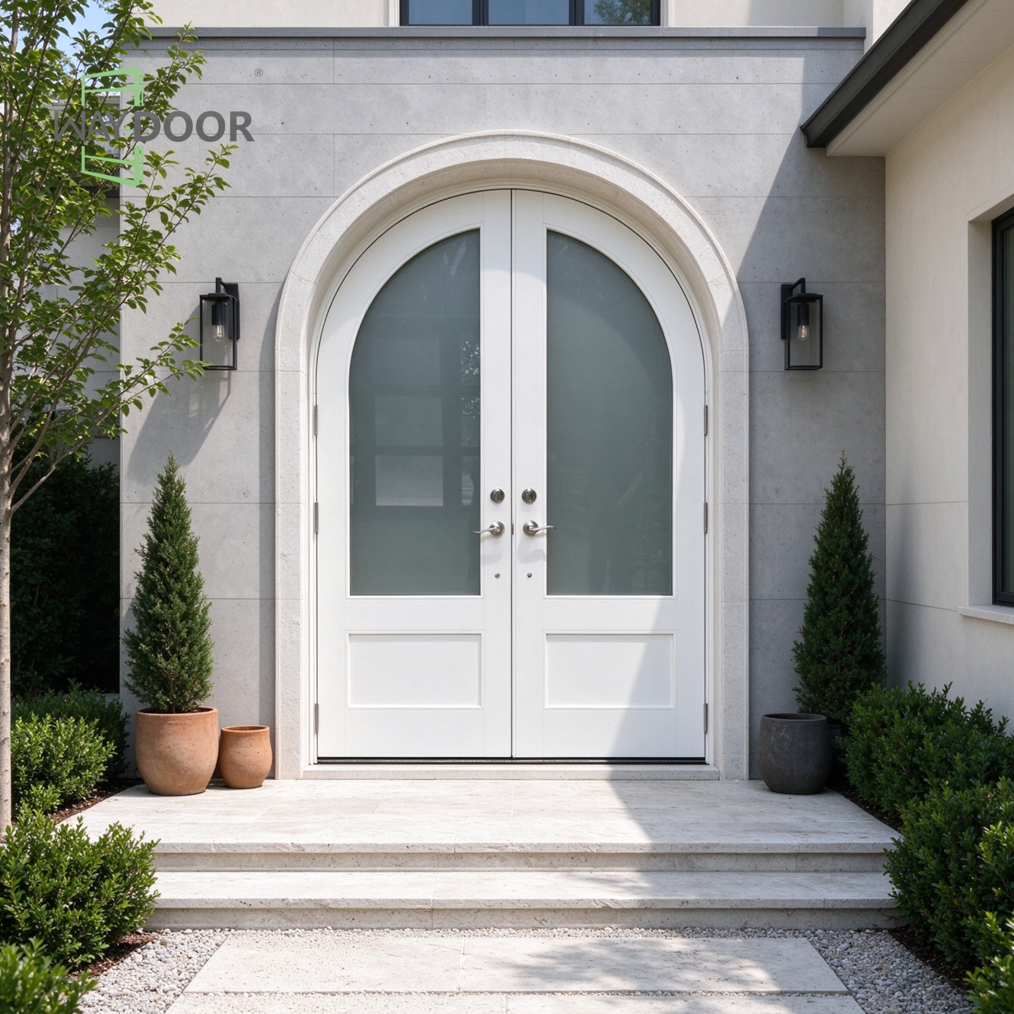 White Arch Frosted Glass Double Hinged Entry Door