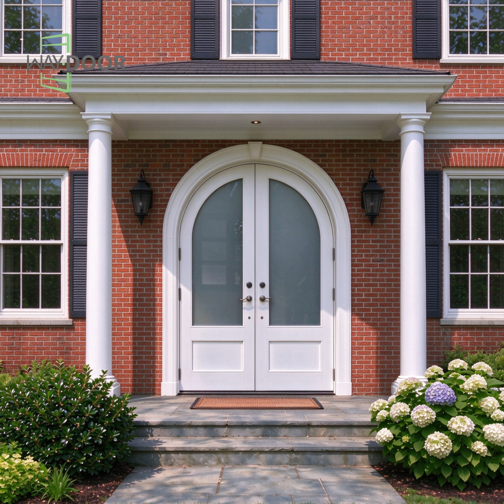 White Arch Frosted Glass Double Hinged Entry Door