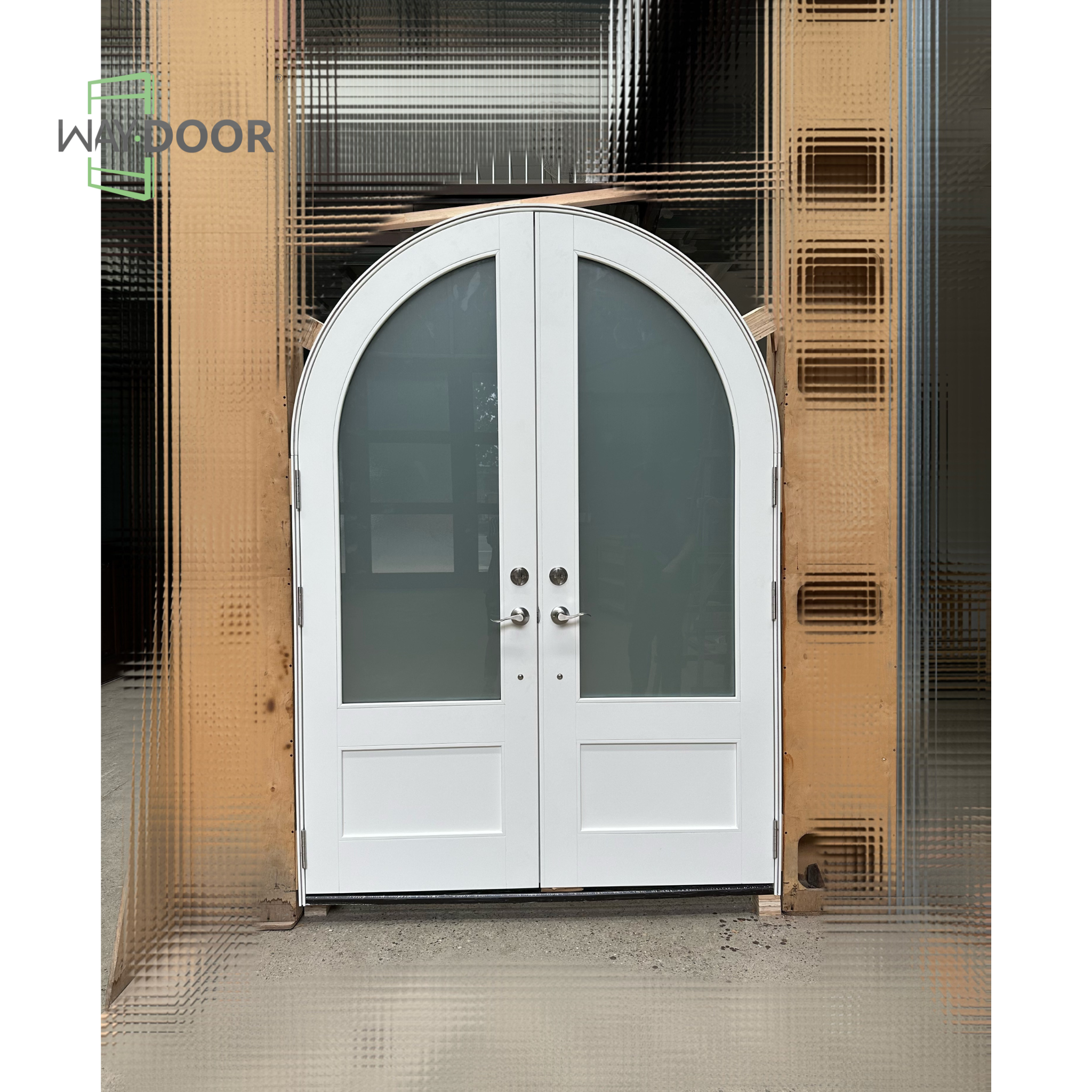 White Arch Frosted Glass Double Hinged Entry Door