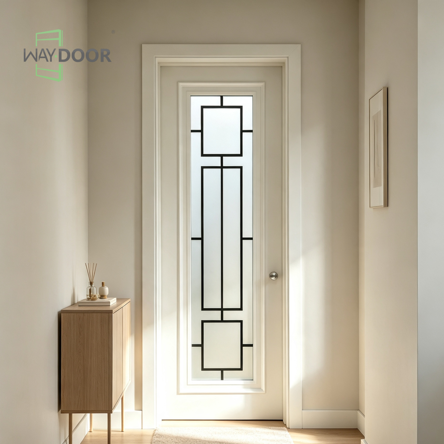 White Frosted Glass Geometric Grille Solid Wood Interior Hinged Door