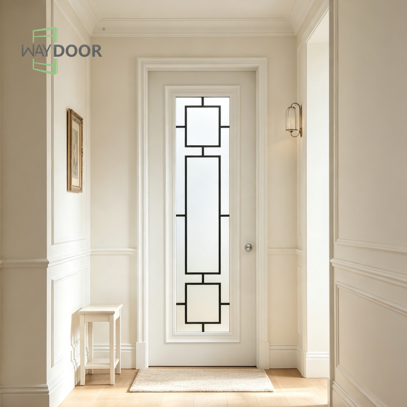 White Frosted Glass Geometric Grille Solid Wood Interior Hinged Door