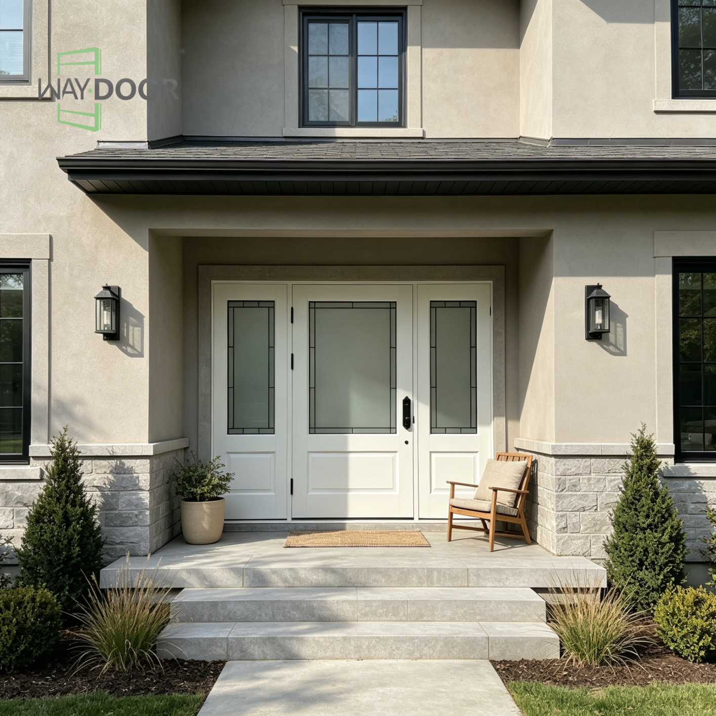 White Solid Wood Hinged Entry Door with Frosted Glass & Two Sidelites