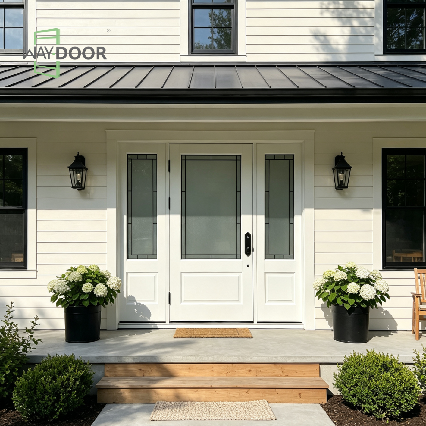White Solid Wood Hinged Entry Door with Frosted Glass & Two Sidelites