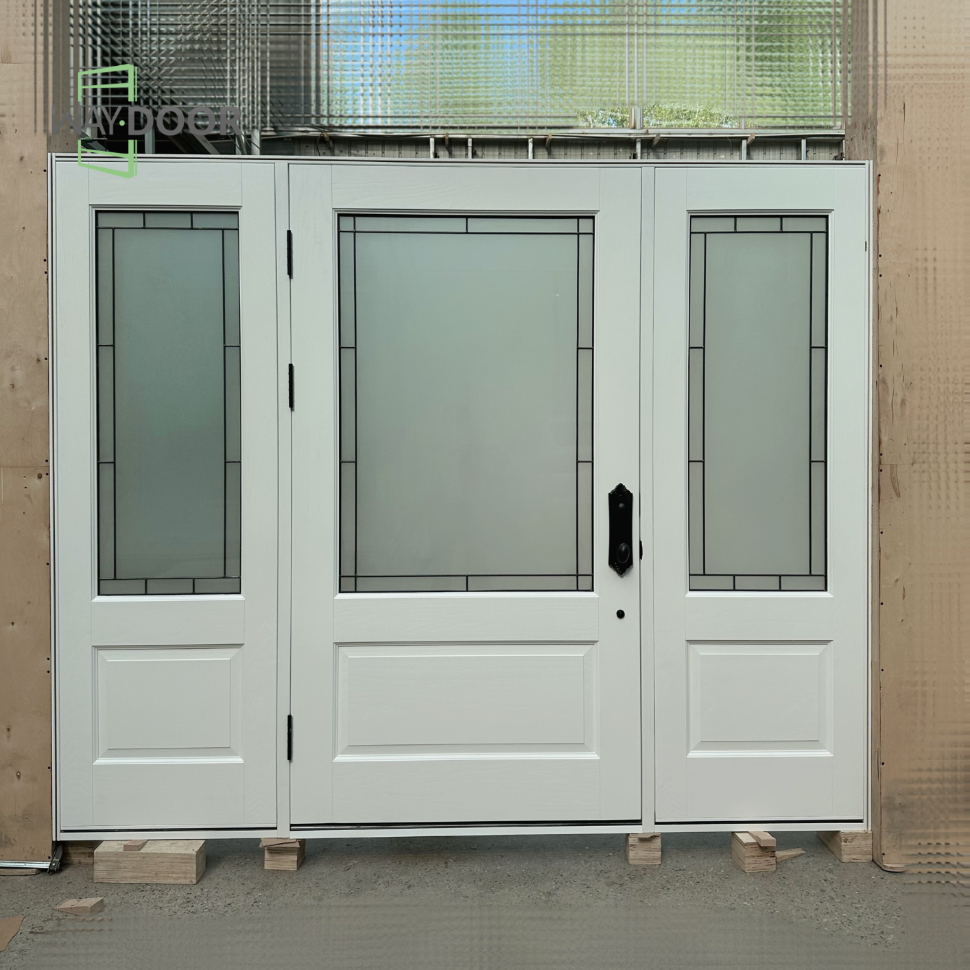 White Solid Wood Hinged Entry Door with Frosted Glass & Two Sidelites