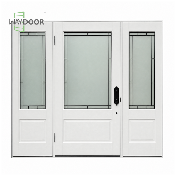 White Solid Wood Hinged Entry Door with Frosted Glass & Two Sidelites