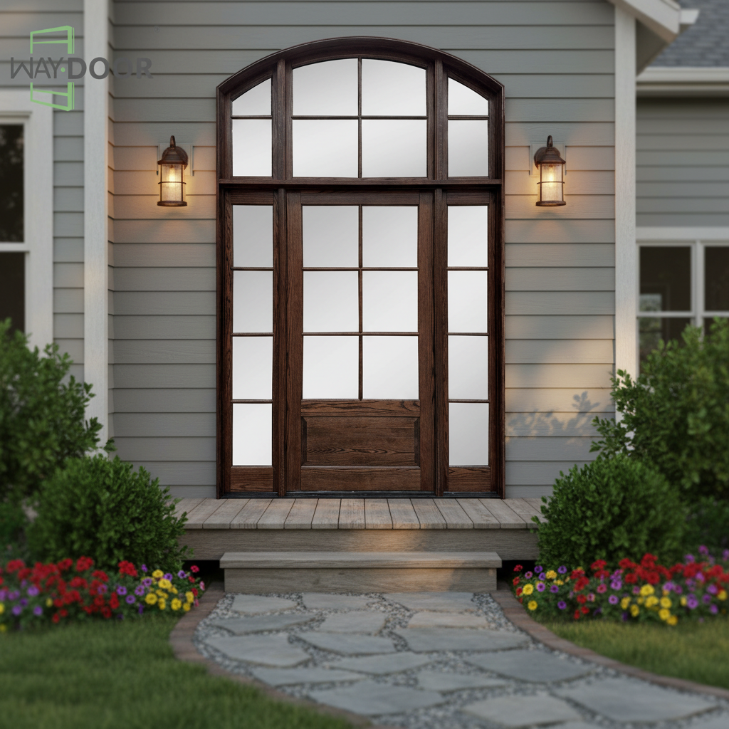 Arch Entry Teak Wood Door with Clear Glass