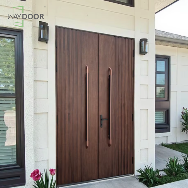 Luxury Brown Finished Solid Wood Double Entry Door