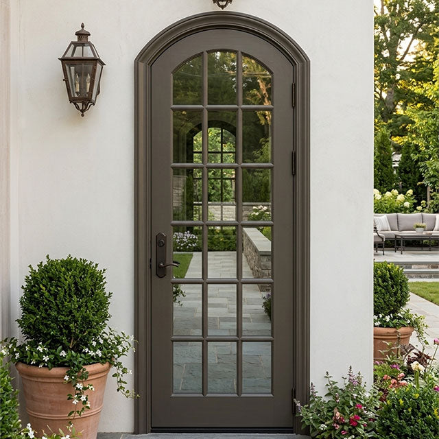 Single Arched Wood Exterior Door With 15-Lite Glass