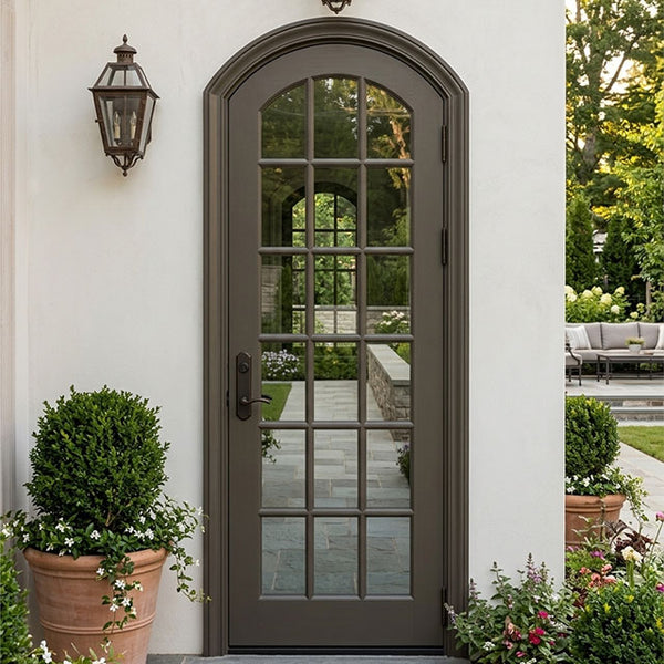 Single Arched Wood Exterior Door With 15-Lite Glass