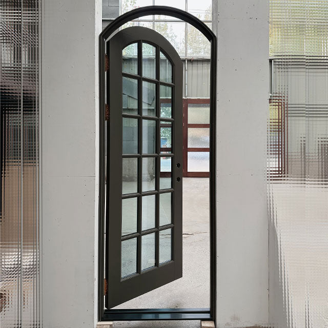 Single Arched Wood Exterior Door With 15-Lite Glass