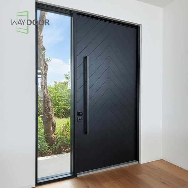 Modern Black Solid Wood Pivot Door with Glass Sidelights