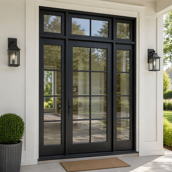 8 lite Black front door with sidelights and transom