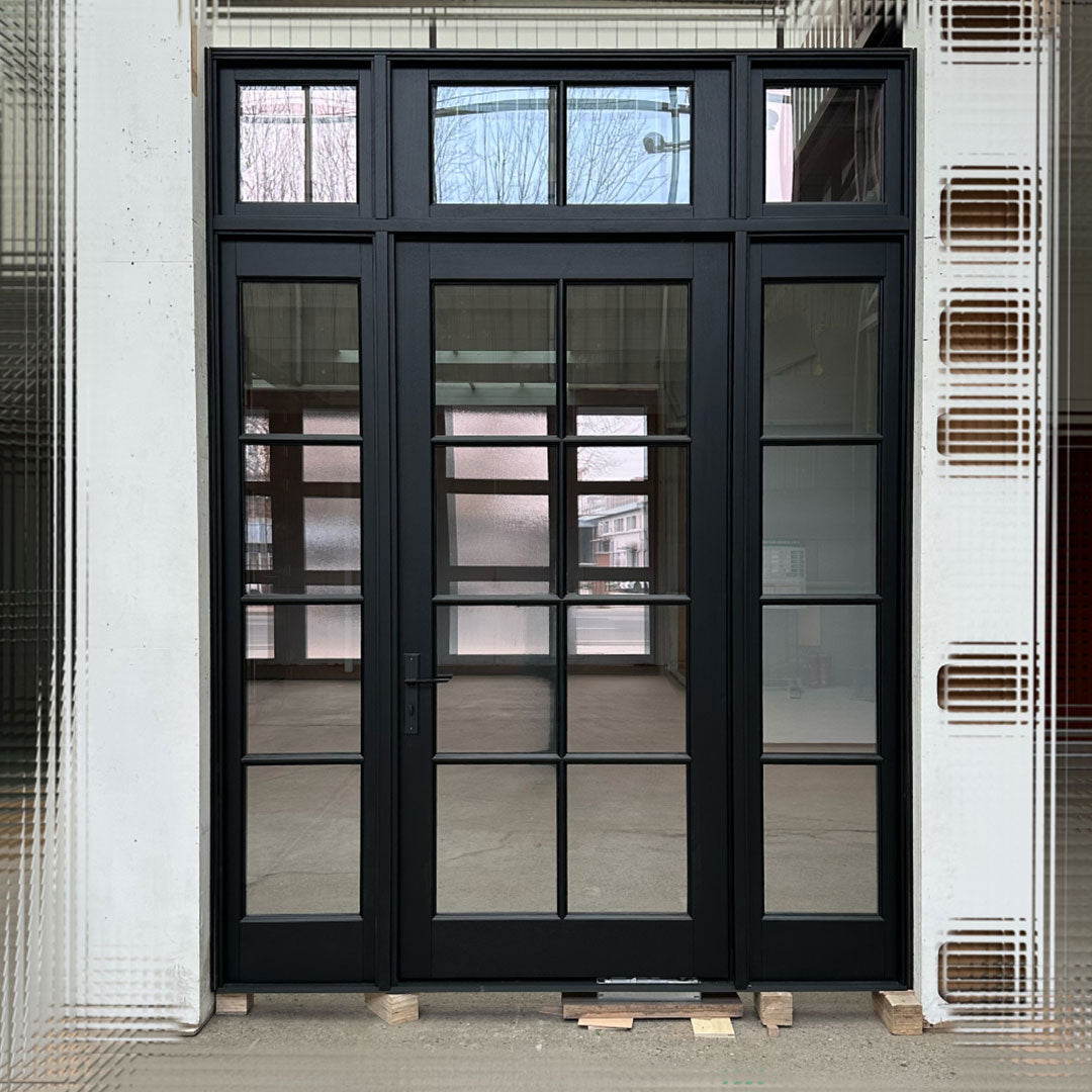 8 lite Black front door with sidelights and transom