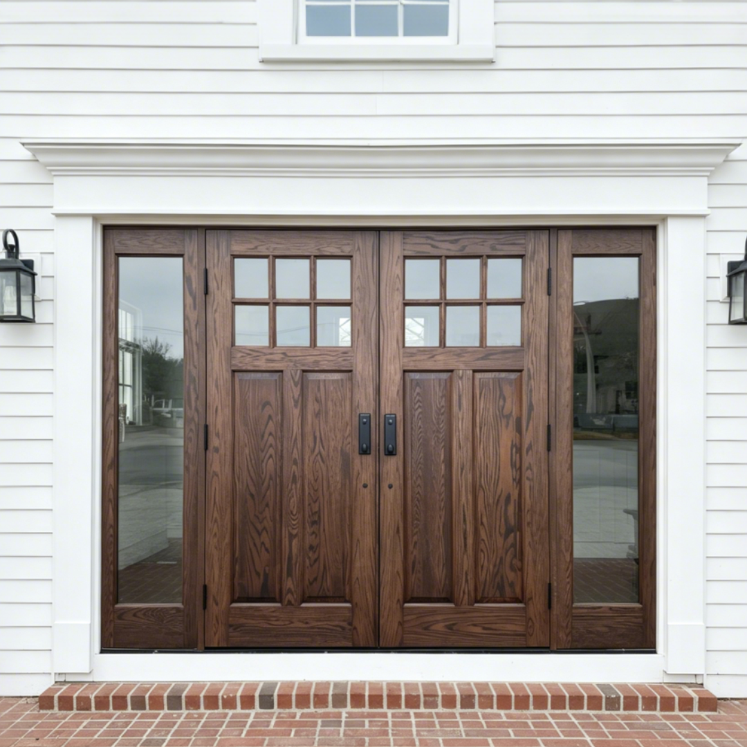 Craftsman Style 6-Lite Glass African Mahogany Solid Wood Double Front Door with Sidelights