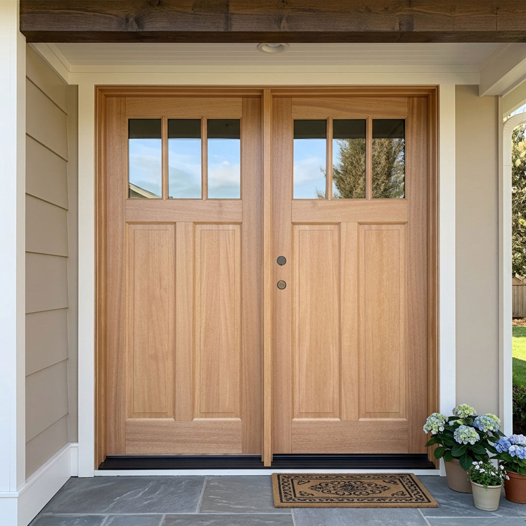 Craftsman Style 3-Lite Solid Wood Double Door